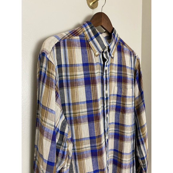 Cremieux Linen Button Down Mens Large Long Sleeve Purple Plaid $89.50 - Picture 4 of 6